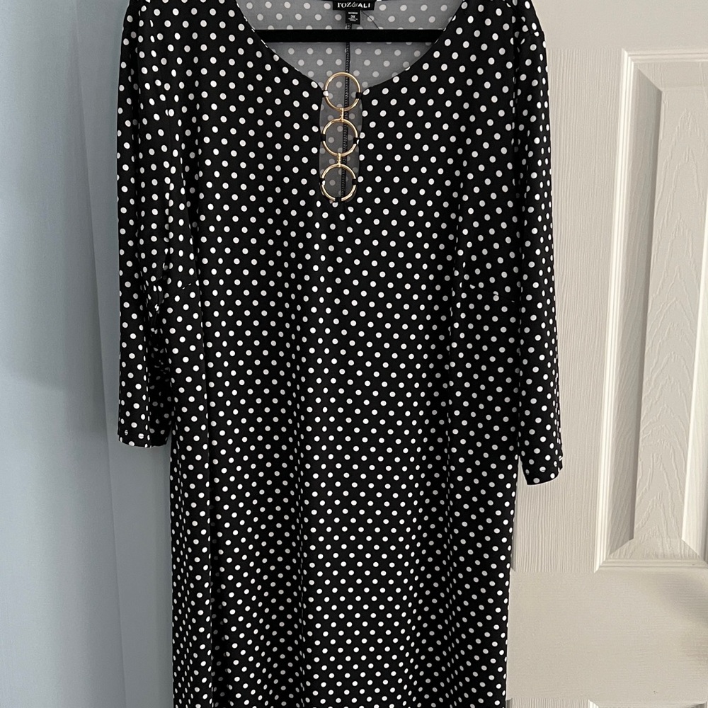 Roz & Ali Black and White Polka Dot Long Sleeve Dress with Gold Ring Accents